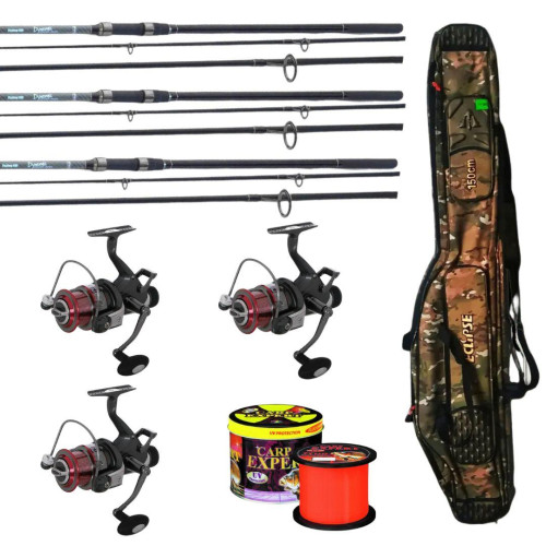 Карповий набір Fishing Roi Dynamic Carp 3.3 м 3.5 lb (3 шт) + Котушки BratFishing Coyote 6000 (3 шт) + Чохол + Волосінь 1000 м