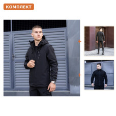 Осінній комплект Fishing: куртка Pobedov Matrix softshell чорна + термокомплект Teplo + флісова толстовка Voin