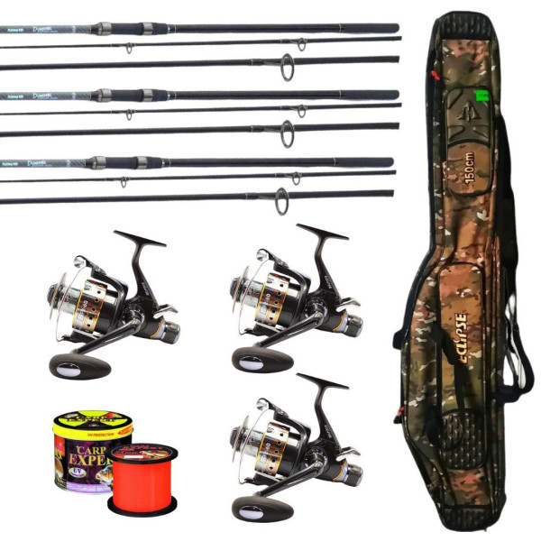 Карповий набір: Fishing Roi Dynamic 3-секційні вудилища + Eclipse J-3FR 6000 котушки + чохол 3.9