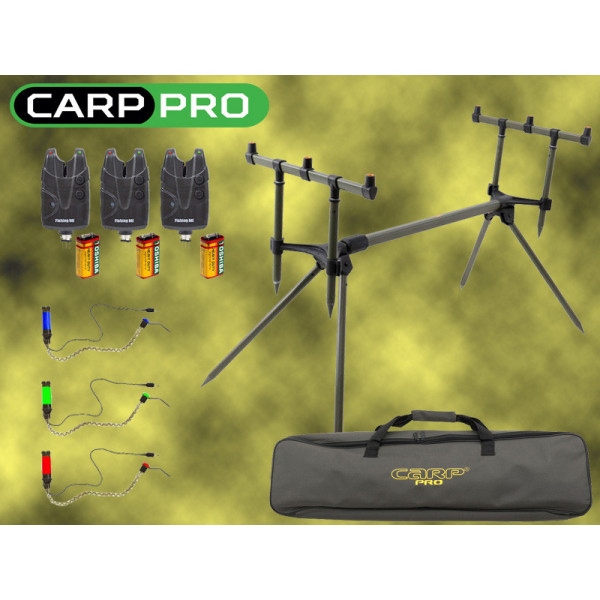 Подставка карповая род-под Carp Pro на 3 удилища в чехле + Сигнализаторы X5Pro 3шт. + Свингера с подключ. 3шт.