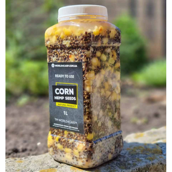 Кукурудза з коноплею для риболовлі Corn&Hemp Seeds, готова прикормка, 1 л, насіння конопель, жовта кукурудза, коропова приманка