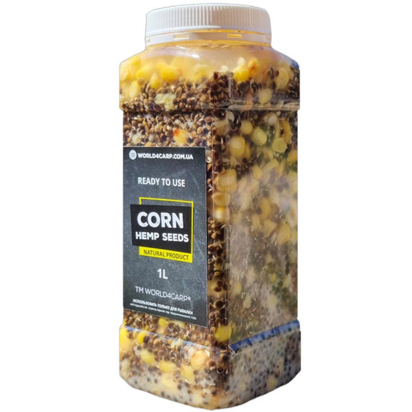 Кукурудза з коноплею для риболовлі Corn&Hemp Seeds, готова прикормка, 1 л, насіння конопель, жовта кукурудза, коропова приманка