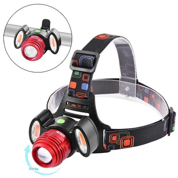 Фонарь налобный Luxury 3117-T6+2COB(red), вело крепление, ЗУ micro USB, zoom, встроенный аккумулятор, Box