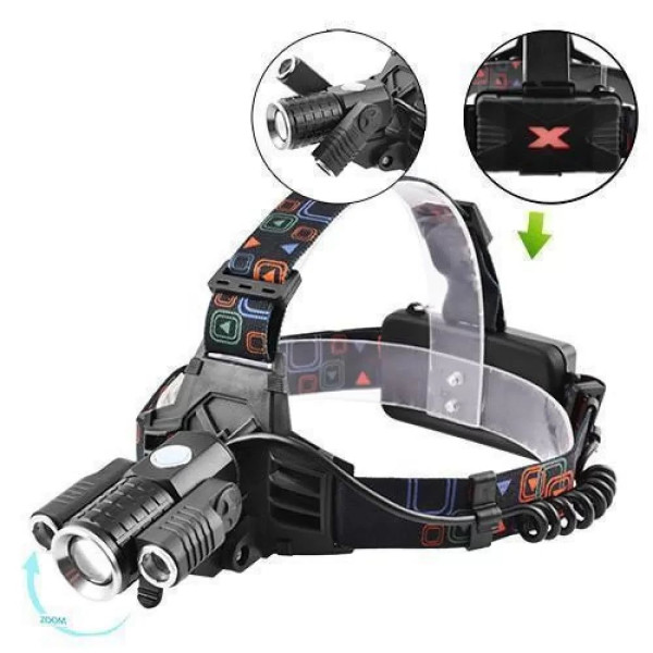 Фонарь налобный Police W602-T6+2XPE, ЗУ micro USB, 2x18650, zoom