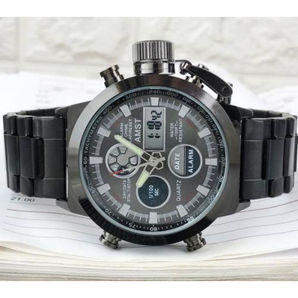 Часы на руку тактические AMST 3003C Black-Black Green Wristband универсальные, армейские, водонепроницаемие