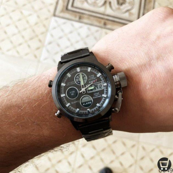 Часы на руку тактические AMST 3003C Black-Black Green Wristband универсальные, армейские, водонепроницаемие