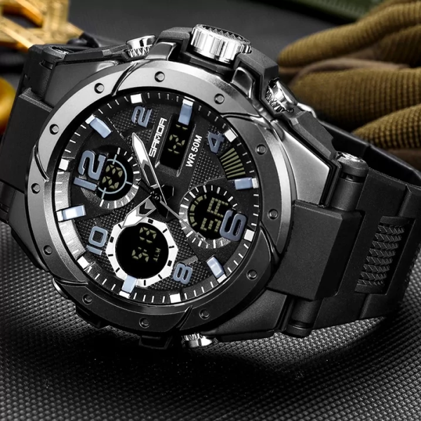 Часы мужские наручные противоударные с подсветкой Sanda 6008 ALL Black