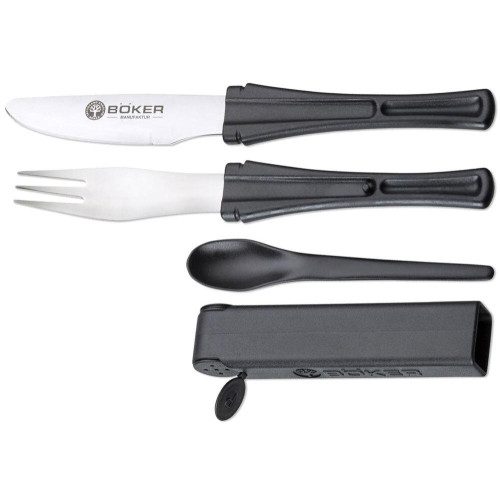 Набор столовых приборов Boker Snac Pac. Туристический, компактный, 5 в 1 (нож, вилка, ложка, соль/перец).
