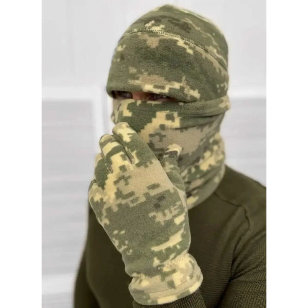 Набір тактичний флісовий, (шапка, рукавички, бафф), піксель