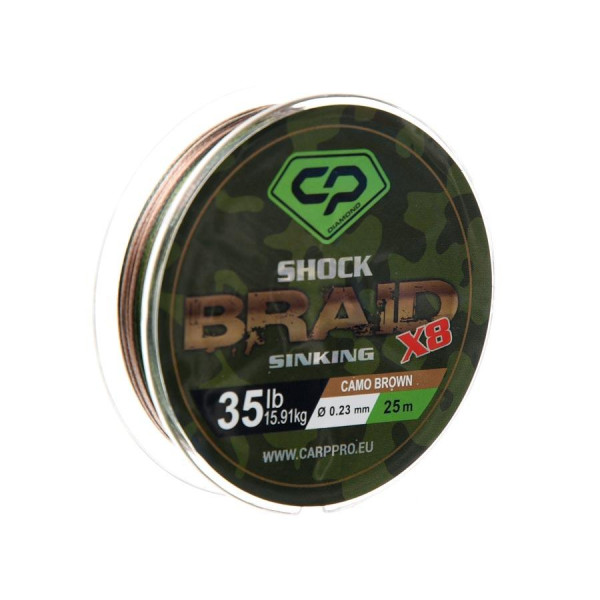 Шок-лідер CARP PRO DIAMOND плетений PE 8x шок-лiдер 35 lb 25 м коричн. камо CARP PRO DIAMOND