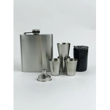Фляга набор 7oz (207 мл) с 4 металлическими стаканами, серая коробка, Герб Украины желто-голубой, стильный пат