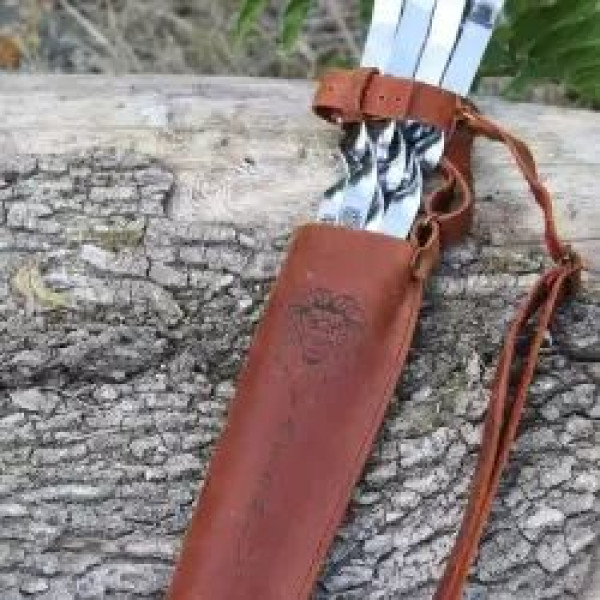 Чохол для шампурів шкіряний, 6 шт., з дерев'яними ручками, ремінь, натуральна шкіра