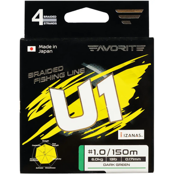 Плетёный шнур Favorite U1 PE 4X 150м #1.5 (0.209мм, 20lb/9кг, тёмно-зелёный, 4-жильный,японского производства)