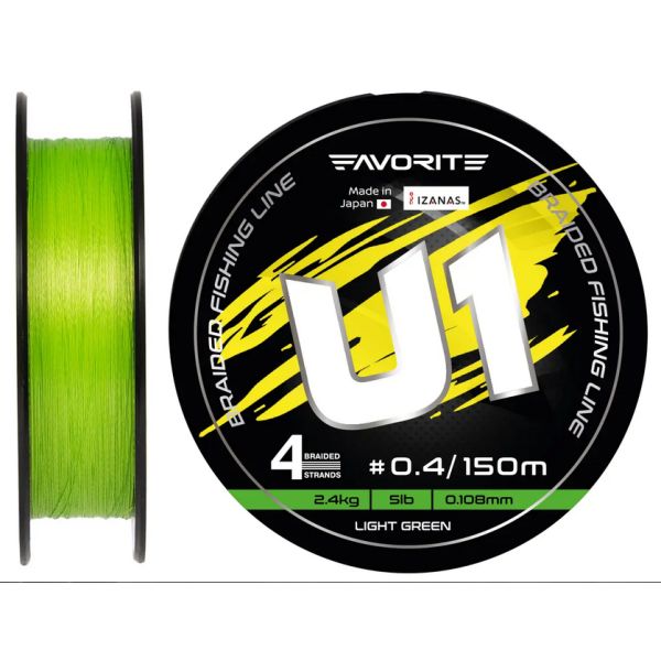 Шнур плетений Favorite U1 PE 4-жильний 150 м light green #0.4 (0.108 мм) 5lb/2.4 кг для ультралайт спінінга