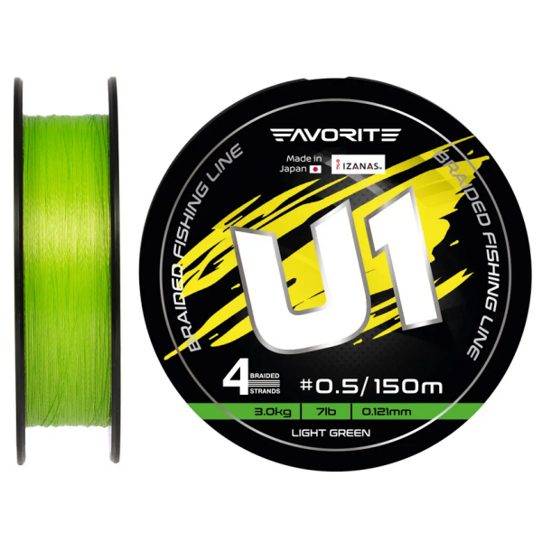 Плетёный шнур Favorite U1 PE 4-жильный 150 м light green #0.5 (0.121 мм) 7lb/3.0 кг для спиннинга