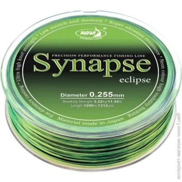 Леска монофильная Katran Synapse Eclipse 1200 м, 0.255 мм, 11.55 lb (5.23 кг), тонущая, Neon/Black