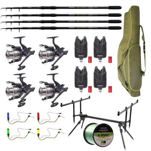 Короповий набір Flagman Magnum Black Carp на 4 вудлища 3.3 м з котушками, род-подом, сигналізаторами, чохлом і волосінню 0,30 мм