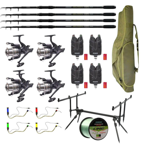 Карповый набор Flagman Magnum Black Carp на 4 удилища 3.3 м с катушками, род-подом, сигнализаторами, чехлом и леской 0,30 мм