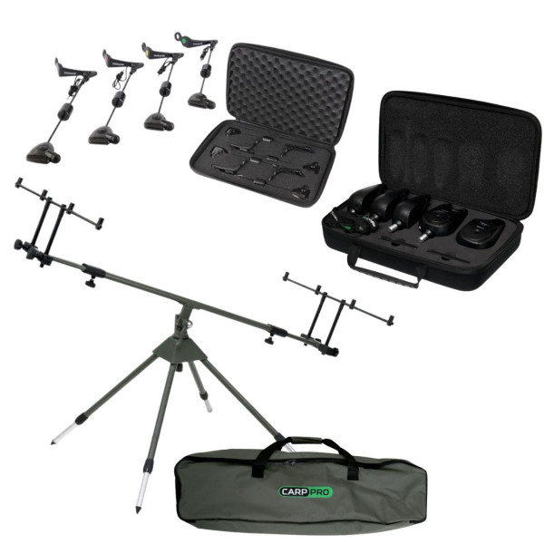 Набор для карповой рыбалки род-под Carp Pro CP75062 на 4 удилища + сигнализаторы Carp Pro D-Carp WT 4+1 + свингеры с LED
