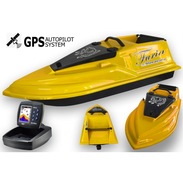 GPS (V3_9+1), Эхолот Lucky918, Кораблик для рыбалки Фурия Шторм Черный Желтый