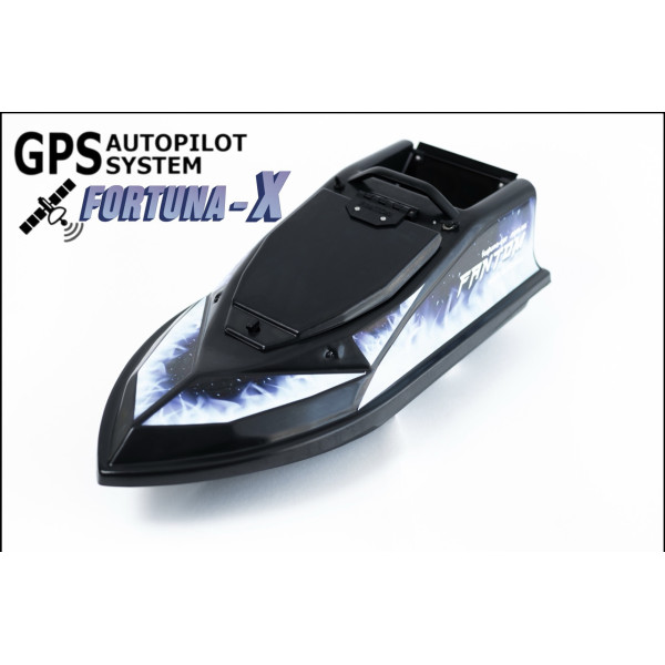 Прикормочний кораблик Fortuna Phantom Modern з GPS-автопілотом, далекоміром і пультом, дальність 450 м, вантажність 700 г Чорний з блакитними наклейками