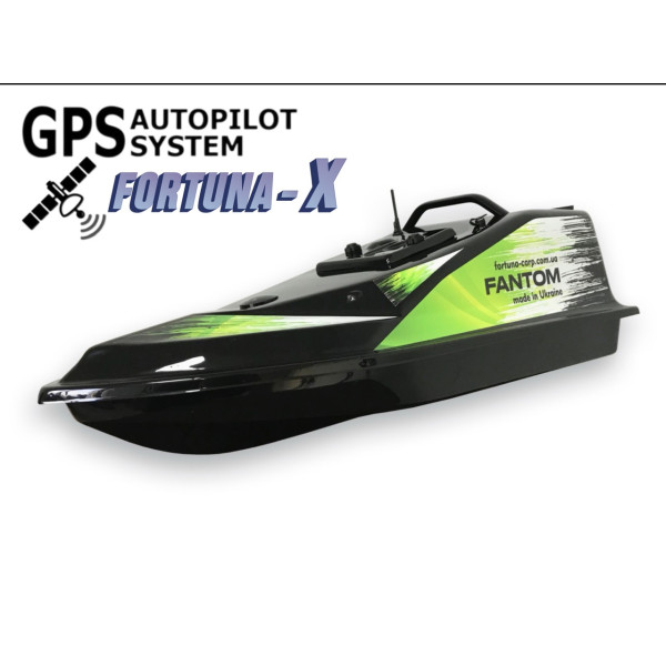 Прикормочний кораблик Fortuna Phantom Modern з GPS-автопілотом, далекоміром і пультом, дальність 450 м, вантажність 700 г Чорний з салатовими наклейками