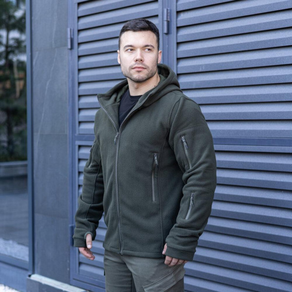 Толстовка флісова чоловіча демісезонна Pobedov Explorer, хакі, з капюшоном