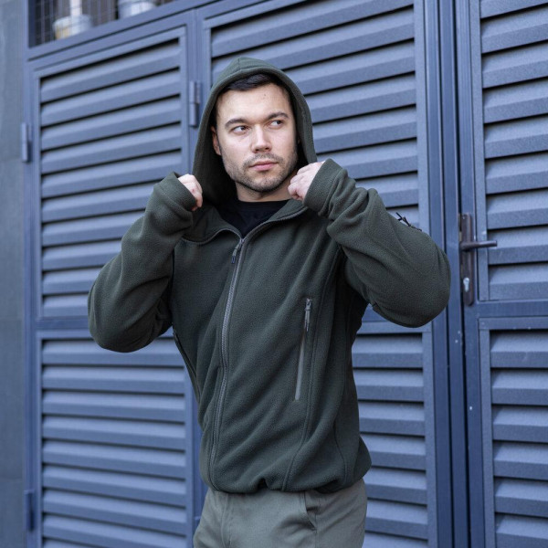 Толстовка флісова чоловіча демісезонна Pobedov Explorer, хакі, з капюшоном