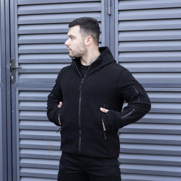 Толстовка флісова чоловіча демісезонна Pobedov Explorer, чорний, з капюшоном