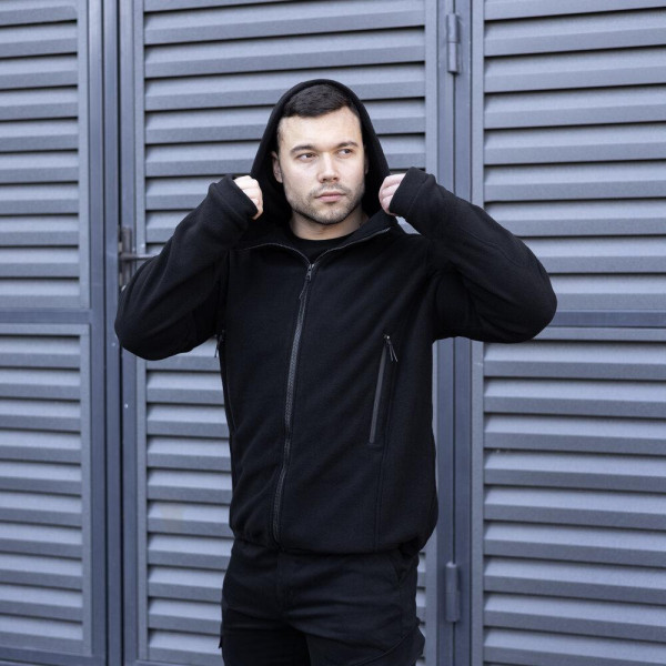 Толстовка флісова чоловіча демісезонна Pobedov Explorer, чорний, з капюшоном
