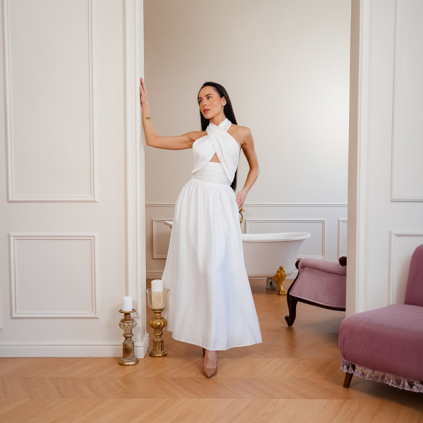 Сукня-максі жіноча Slavni Grace з відкритими плечима, молочна