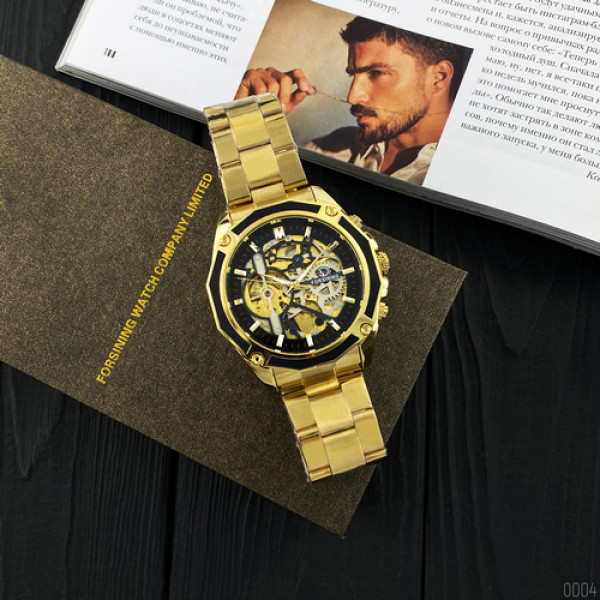 Чоловічий годинник Forsining 8130 Gold-Black механіка з автопідзаводом