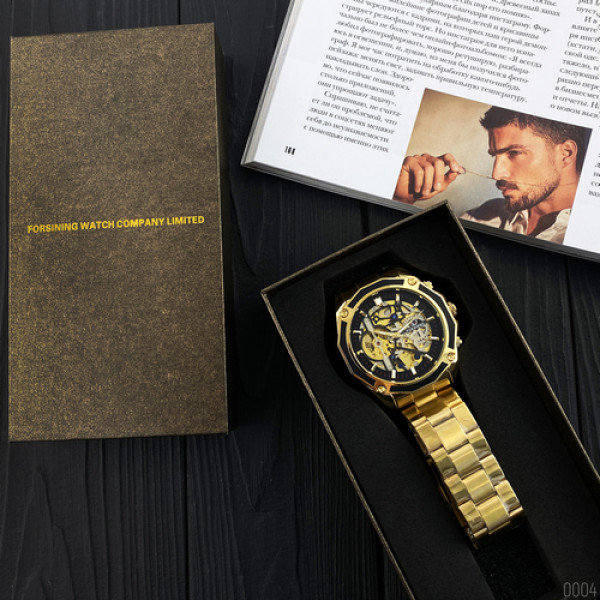 Чоловічий годинник Forsining 8130 Gold-Black механіка з автопідзаводом