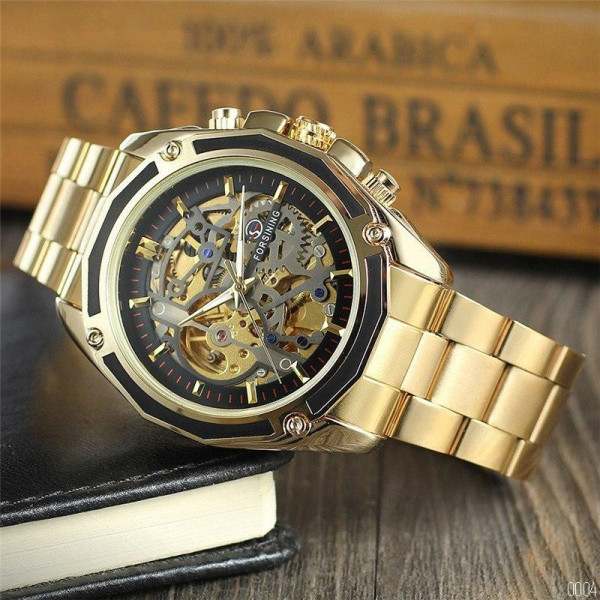 Чоловічий годинник Forsining 8130 Gold-Black механіка з автопідзаводом