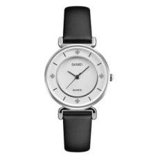 Женские классические часы Skmei 1330LSI Black-Silver-White с кожаным корешком