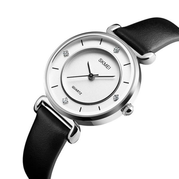 Женские классические часы Skmei 1330LSI Black-Silver-White с кожаным корешком
