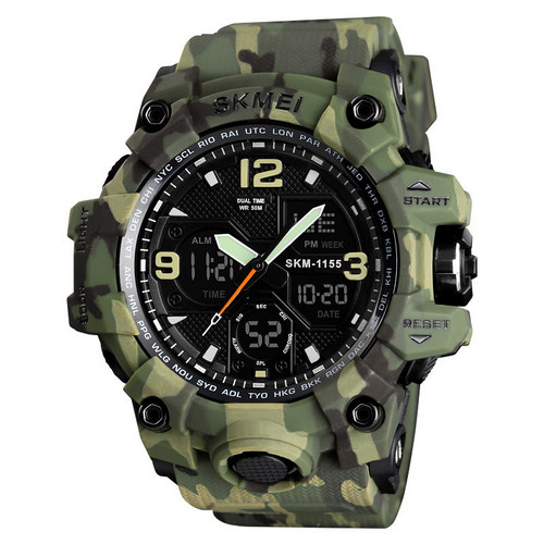Тактические мужские часы Skmei 1155B Military Green 5 ATM камуфляж