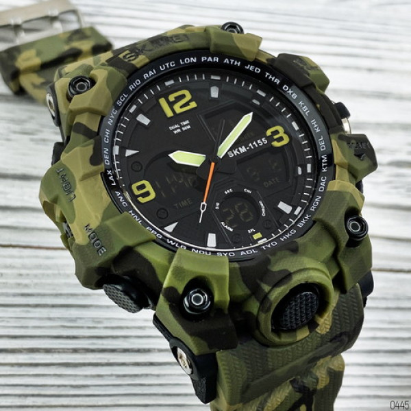 Тактические мужские часы Skmei 1155B Military Green 5 ATM камуфляж