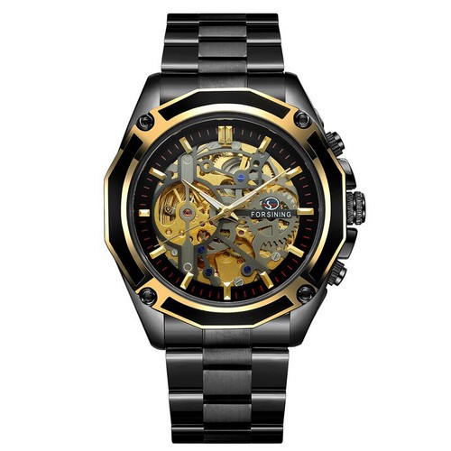 Чоловічий годинник Forsining 8130 Black-Gold-Black механічний чорний