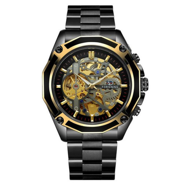 Мужские часы Forsining 8130 Black-Gold-Black механические черные
