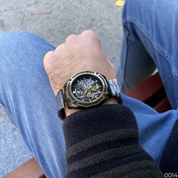 Мужские часы Forsining 8130 Black-Gold-Black механические черные