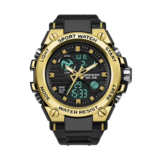 Мужские часы Sanda 739 Black-Gold стрелочно-электронные