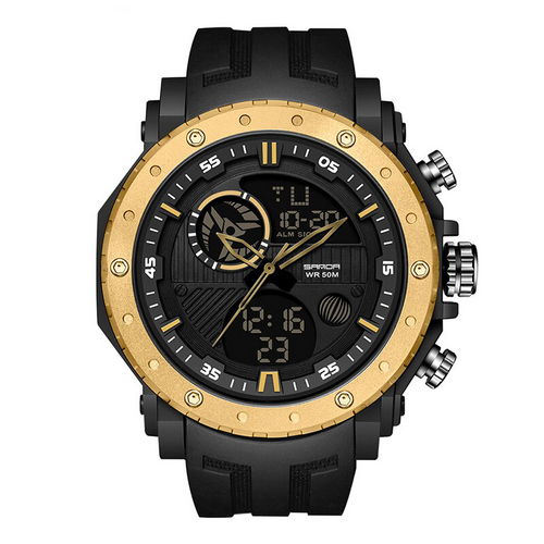 Мужские часы Sanda 6012 Black-Gold стрелочно-электронные 5 ATM