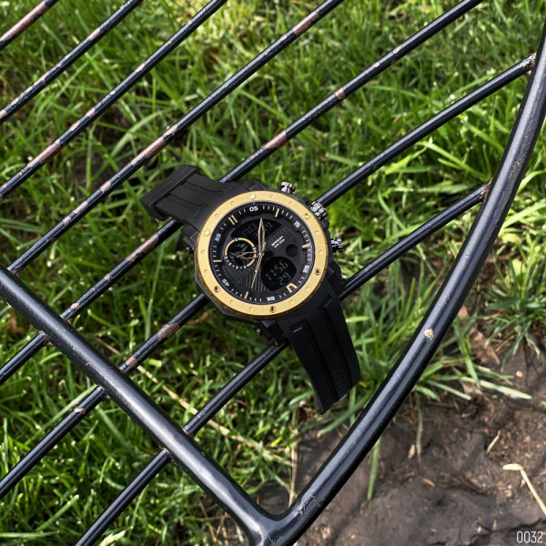 Мужские часы Sanda 6012 Black-Gold стрелочно-электронные 5 ATM