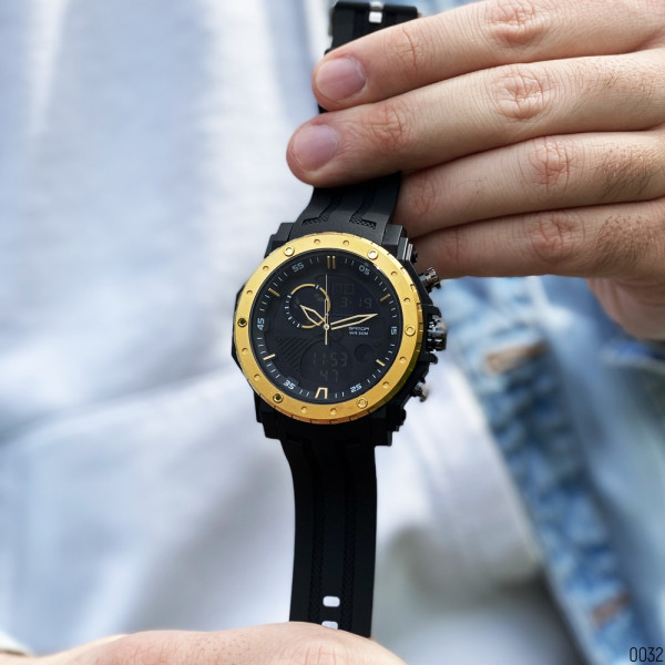 Мужские часы Sanda 6012 Black-Gold стрелочно-электронные 5 ATM