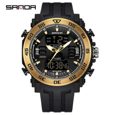 Чоловічий спортивний годинник Sanda 6029 Black-Gold з водозахистом 5 ATM