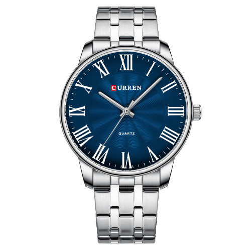 Мужские кварцевые часы Curren 8422 Silver-Blue со стальным браслетом