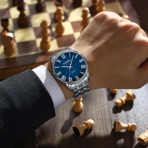 Мужские кварцевые часы Curren 8422 Silver-Blue со стальным браслетом