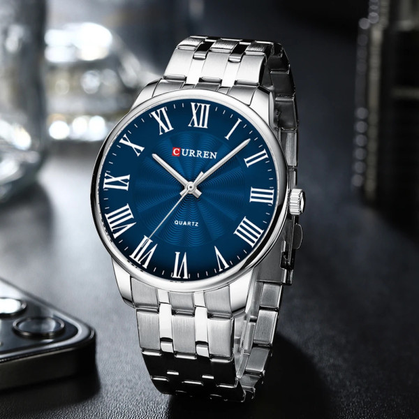 Мужские кварцевые часы Curren 8422 Silver-Blue со стальным браслетом