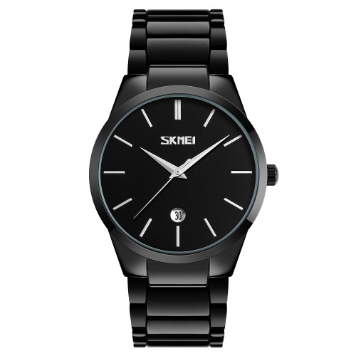 Мужские кварцевые часы Skmei 9140BK All Black с металлическим браслетом
